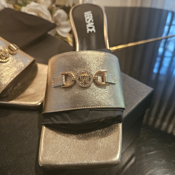 Versace Gold Leather Metallic Mules - Picture 2 of 5